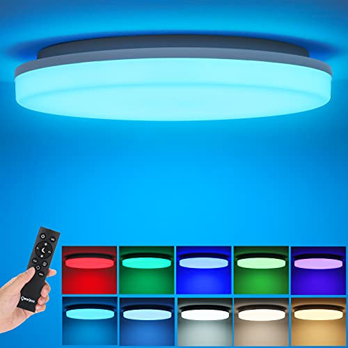 Oeegoo RGB Dimmable LED Flush Mount Ceiling Light with Remote, 3000K-6500K Adjustable, 36W 13Inch Modern Round Close to Ceiling Light Fixtures for Bedroom/Kitchen/Living Room, 7 RGB Colors Changing