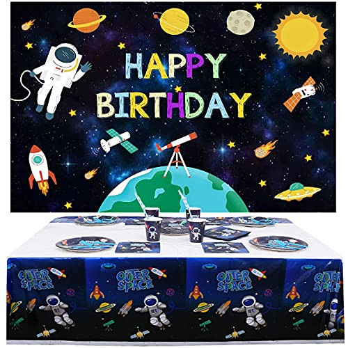 Outer Space Backdrop and Tablecloth for Outer Space Theme Birthday Party Supplies,Rocket Astronaut Solar Planet Photography Background Happy Birthday Banner Table Cover for Boy Kids Party Decorations