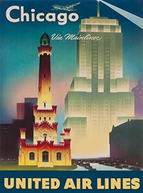 A SLICE IN TIME Chicago Illinois Via Mainliner United Air Lines Vintage Airline Travel Home Original Wall Decor Advertisement Art Poster Print. Measures 10 x 13.5 inches