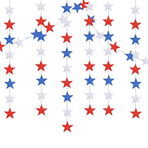 Patriotic Star Streamers Garland for 4th of July, Memorial Day, Veterans Day Party, Independence Day Celebration, Labor Day Decorations, 8 Strands Red White Blue Stars Banner