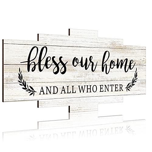 Jetec Bless Our Home Rustic Wall Decor Wood Home Sign, Hanging Wooden Home Sign, Rustic Wood Wall Sign Decoration Wooden Wall Art Sign for Bedroom, Wall Decor for Living Room Kitchen