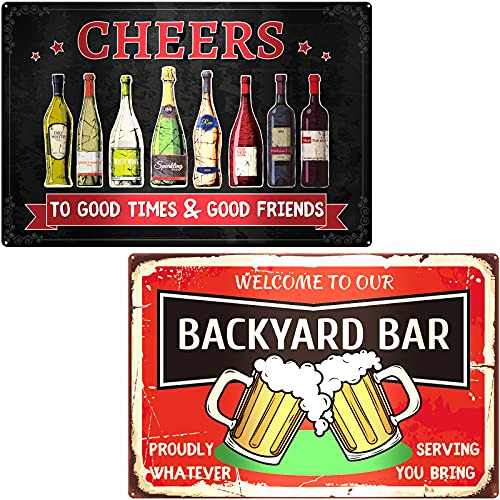 2 Pieces Bar Boards Decor Open Sign Decor Bar Wall Art Signs Vintage Retro Rustic Metal Tin Sign Welcome to Our Backyard Bar Sign Outdoor Pool Backyard Bar Decor, 8 x 12 Inch