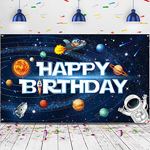 Solar System Decorations Large Happy Birthday Outer Space Poster Banner Space Theme Backdrop Background for Kids Boys Space Birthday Planets Party Educational Supplies, 72.8 x 43.3 Inches