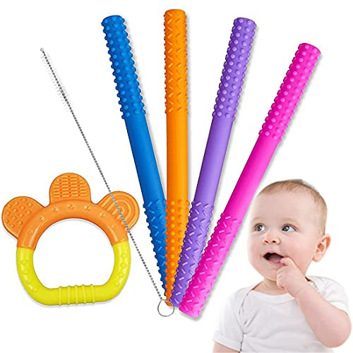 Queenii Flexible Hollow Teething Tubes for Babies[4Pcs plus1-, Soft Silicone Baby Teether Tubes with [Teething Toy  and  Cleaning Brush- , Teething Straws for Infants 3-12 Months, BPA Free  and  Freezable