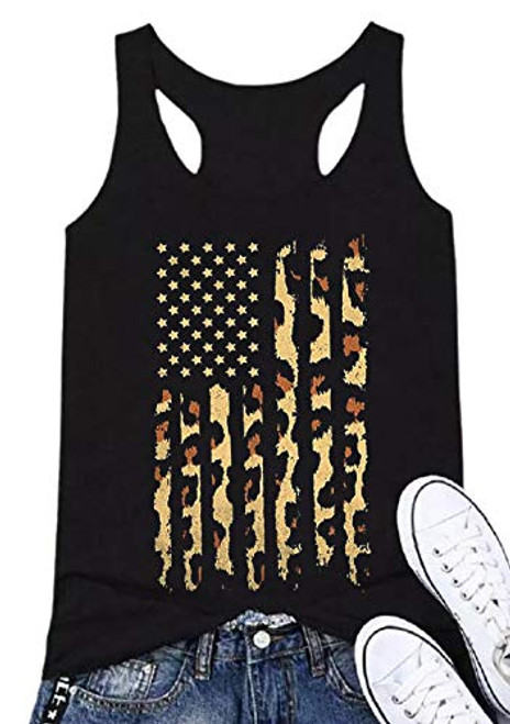 Leopard American Flag Tank Tops Women USA Stars Stripe Graphic Tees 4th of July Patriotic Sleeveless T Shirt Vest -Black, X-Large-