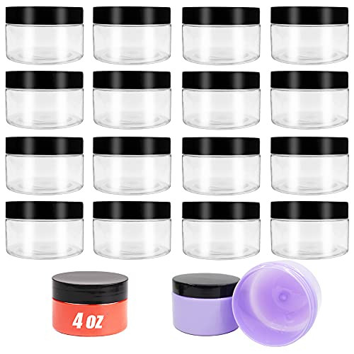 16 Pack 4oz Plastic Empty Slime Containers,Clear Plastic Jar with Lids,Round Wide-Mouth Cosmetic Container Jars for Food Storage,Powder,Jewelry,Slime Making,Candy,Beans