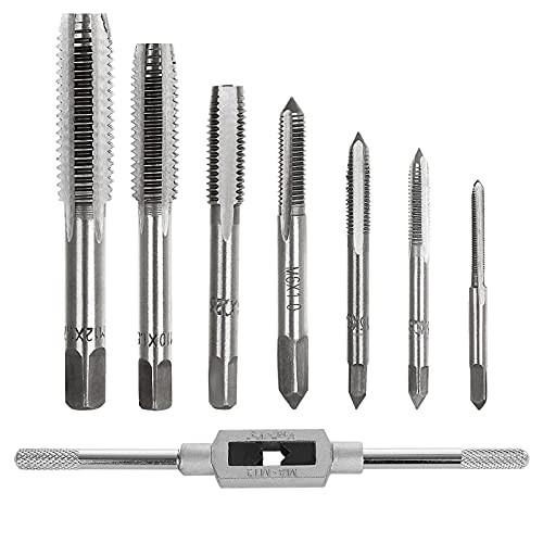 1/16-1/2'' Adjustable Tap Wrench with 7Pcs M3-M12 Screw Thread Hand Tap Set, Tap Wrench Set, Metric Tap Set, Tap Machine Hand Screw Thread Taps Set Thread Metric Plug Tap Drill Bits Set