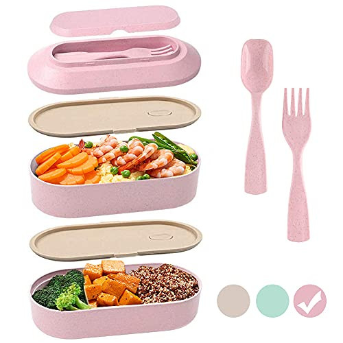 Japanese Bento Box, Iteryn 2 Layer Stackable Bento Box for Adult, Bento Lunch Box is Food Safe Wheat Material, Lunch Box for Kids with Sauce Container, Fresh Bento Box Fits Fruit Salad Sushi -Pink-