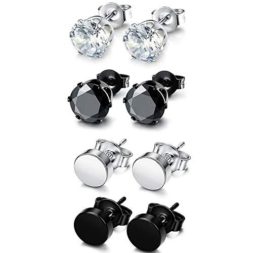 Cupimatch 4 Pairs Stainless Steel Round Stud Earrings for Men,Unisex CZ Cubic Zirconia Ear Piercing Earrings Jewelry Set,Black Silver Cupimatch 4 Pairs Stainless Steel Round Stud Earrings for Men,Unisex CZ Cubic Zirconia Ear Piercing Earrings Jewelry Set,Black Silver