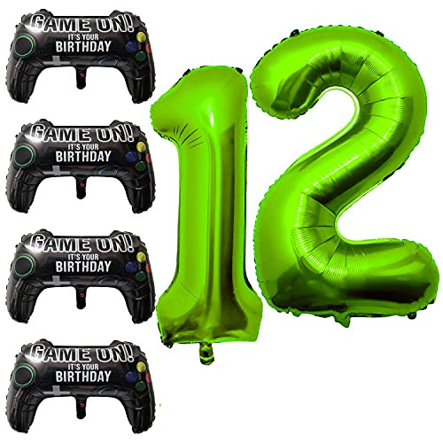 Video Game Party Balloons 4pcs Game Controller Mylar Balloons with 40inch Green Number Balloons 12 for Birthday Party Game Party Decoration -12th-