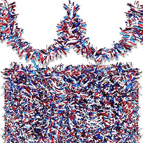 52.5 Feet Patriotic Tinsel Garland,Red White and Blue Patriotic Garland Decorations,Tinsel Garland for 4th of July Memorial Day Decor -4th of July, 26.2 ft-