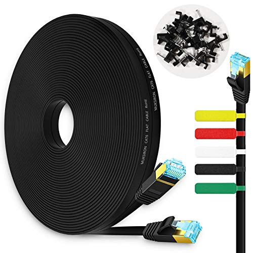 Cat6 Ethernet Cable 50 ft,Flat Internet Network LAN Patch Cords  Solid Cat 6 High Speed Computer Wire with Clips and  Snagless Rj45 Connectors for Modem,Router Faster Than Cat5/Cat5e- 50ft Black