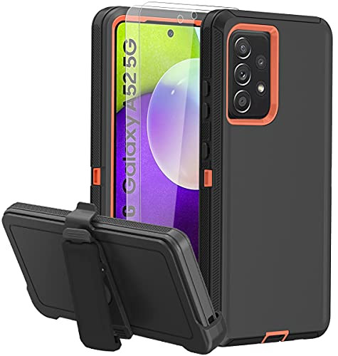 ONOLA Compatible for Samsung A52 Case -5G  and 4G- with HD Screen Protector and Belt-Clip Holster Kickstand,Galaxy A52 Full-Body Rugged Three-in-One Cover for Samsung Galaxy A52 5G -Black plusOrange-