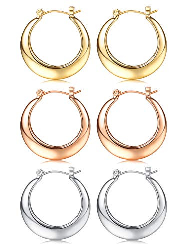 Jstyle 3Pairs Chunky Gold Hoop Earrings For Women 14K Gold Plated Small Dainty Thick Open Hoops Earrings Minimalist Round Jewelry Gift 15mm