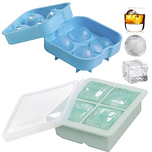 Ice Cube Trays, Large Ice Cube Trays Ice Ball Maker with Lids,Silicone Ice Ball Maker  and  Large Square Molds for Whiskey  and  Cocktails -4 Cubes-