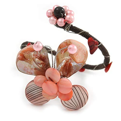 Avalaya Pastel Pink Sea Shell Bead Butterfly Silver Wire Flex Cuff Bracelet - Adjustable