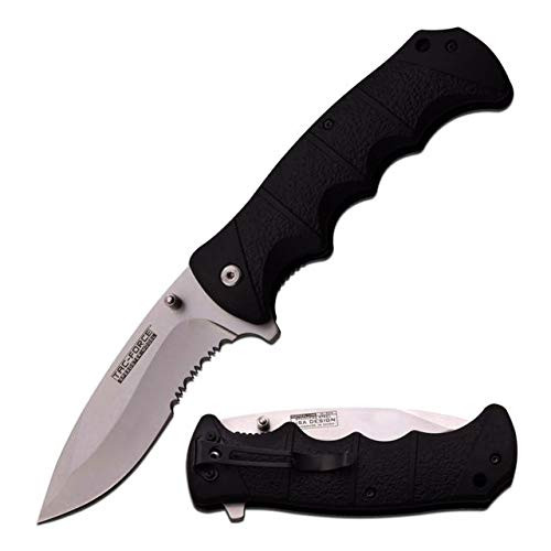 TAC Force TF-924MS Spring Assist Folding Knife, Satin Silver Half-Serrated Blade, Black Handle, 5-Inch Closed