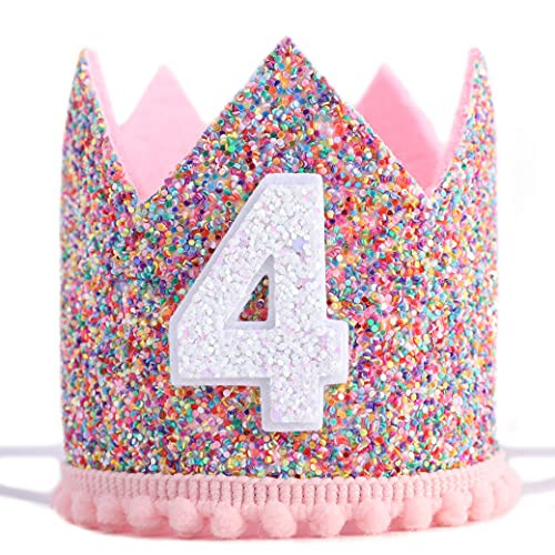 WAHAWU Rainbow Crown for 4th Birthday Party- Glitter Birthday Crown, Birthday Hats for Kids, Baby's Birthday Photo Props, Crown Birthday Decoration, Little Girls Hair Accessories Party