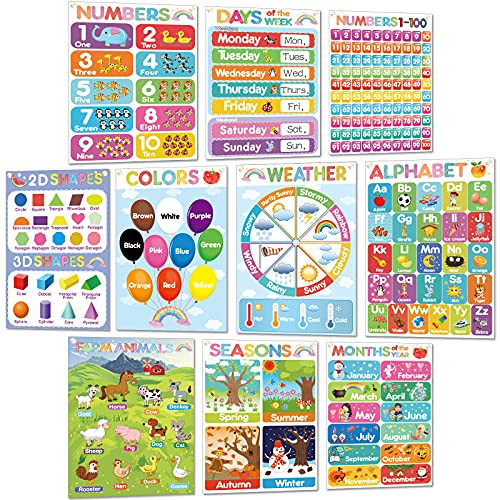 Educational Learning Posters Toddler and Preschooler Posters Classroom Posters and Decorations Teaching Words Poster Charts for Preschool, Kindergarten, Nursery, Homeschool,Playroom Decor, 10 Pieces