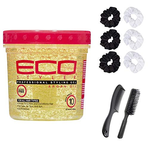 Eco Style Styling Gel, Argan Oil, 16 Oz -Including Handle Nylon Bristle Hair Brush, Round Handle Detangle Hair Comb  and  6 Piece Hair Tie Scrunchies- Eco Styler Argan Oil Gel Hair Styling Kit