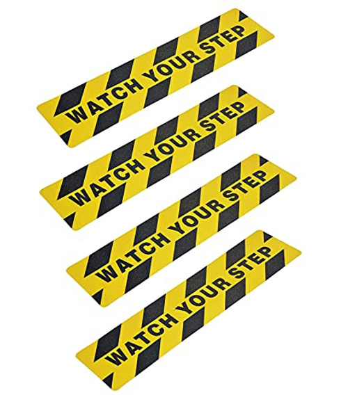 6" x 24" Watch Your Step Floor Tape Anti Slip Warning Sign Sticker Adhesive Non- Slip Abrasive Decal for Workplace Home Safety Wet Floor Caution - 4 Pack