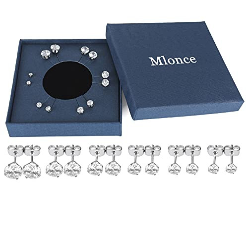 Mlonce Stainless Steel Stud Earrings Round Clear Cubic Zirconia Ear Studs for Women and Men Girls Kids Gold-plated Silver Stud Earrings Sets Hypoallergenic , 6 Pairs 4-claw