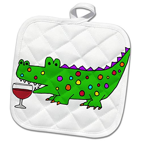 3dRose All Smiles Art - Animals - Cool Funny Alligator Drinking Red Wine Cartoon - 8x8 Potholder (PHL_298958_1)