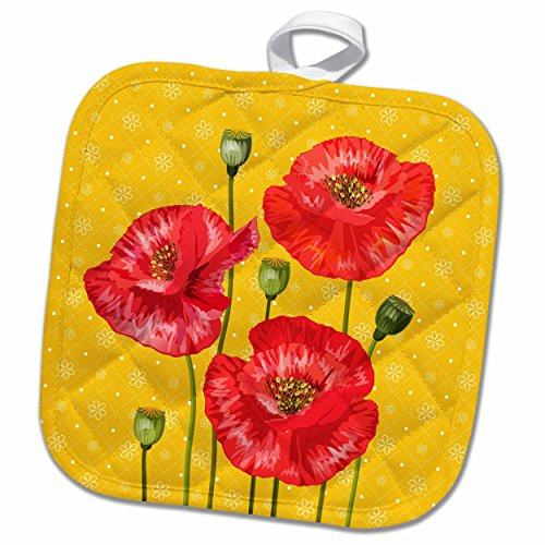 3D Rose Bright Red Poppies On A Yellow and White Floral Print Pot Holder 8 x 8