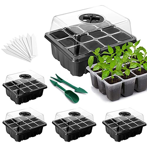 5-Pack Seed Starter Tray,60 Cells Plant Seedling Trays kit with Humidity Adjustment Domes and Base Greenhouse Grow Trays,Indoor Plant Germination Kit for Seeds Growing Staring-12 Cells per Tray-,Black