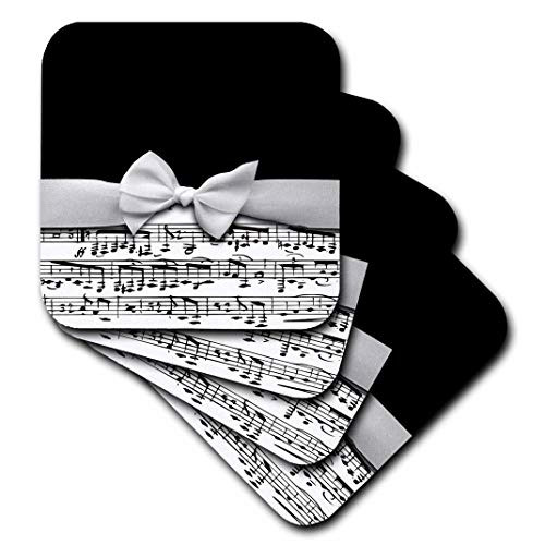 3dRose CST_123130_1 Stylish Musical Notes Faux Ribbon and Bow Black and White Sheet Music Girly Classy Elegant Design Soft Coasters, Set of 4