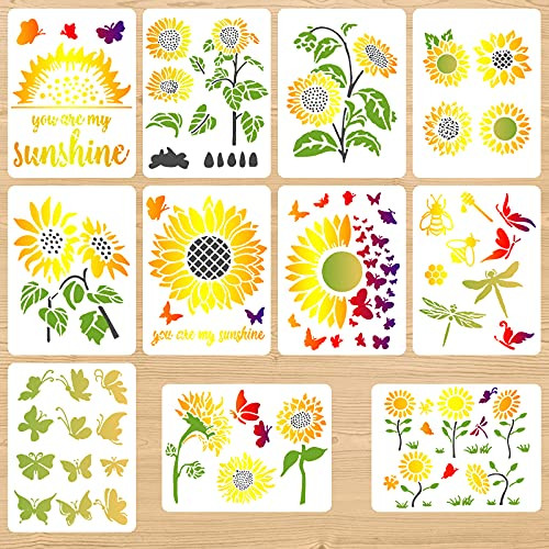 Echolife 11 Pieces Sunflowers Stencil Templates Butterfly Bee Painting Template Creative DIY Plastic Stencils Reusable Craft Stencils for Painting on Wood Wall Home Decor 8.3x11 Inch -Sunflowers-