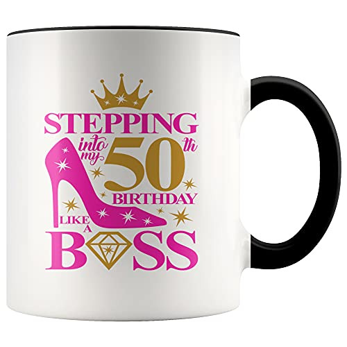 YouNique Designs 50th Birthday Coffee Mug for Women, 11 Ounces, 1971 Cup Gifts for Women Turning 50 Birthday Mug, 50 Year Old Coffee Mug for Mom, 50 And Fabulous Cup, 50th Bday Cup -Black Handle-