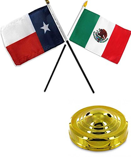 AES Texas State  and  Mexico Mexican 4"x6" Flag Desk Set Table Stick Gold Base