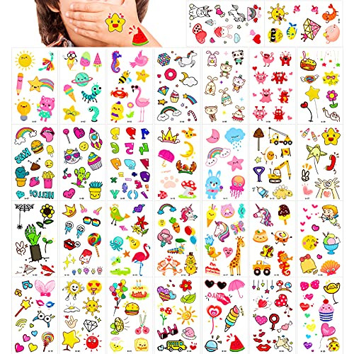 Konsait Temporary Tattoos for Kids, 30 Sheets Assorted Temporary Tattoos Stickers for Boys Grils, Unicorn Ice Cream Cars Animal Halloween Fake Tattoos for Birthday Party Favors Goodie Bags Stuffers