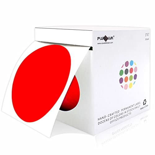 PARLAIM 3 Inch Round Permanent Color-Code Dot Stickers, 500 Labels per Roll, 3" Dispenser Box, Red