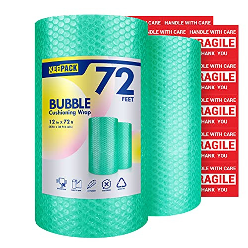 KeePack 2 Rolls Bubble Cushioning Wrap, 12 Inch x 72 Feet Total Air Bubble Cushioning Roll, Perforated Every 12" for Packing Moving Shipping Boxes Supplies, Included 20 Fragile Stickers Lables -Green-