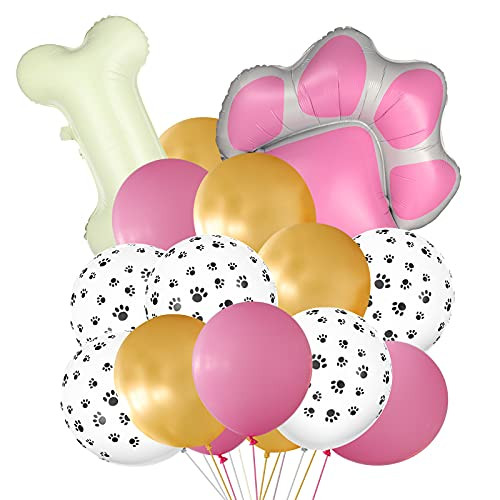 47 Pieces Dog Birthday Party Balloons Include 12 Inch Dog Paw Print Balloons Paw Foil Balloon Latex Balloons Bone Shaped Foil Balloon for Pets Dog Birthday Party Supplies -Pink, Golden, White-