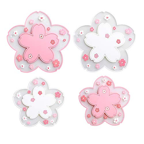 Anti-Slip Silicone Cup Mats, 4PCS Sakura Flower Coasters for Drinks, Round PVC Silicone Heat-Insulating Tableware Cushion Cherry Blossom Coaster for Drinks Coffee Bowl Tea Beer Cup-6.2, 4.5 Inch-