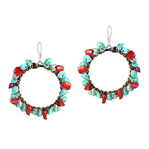 Copper Wire Reconstructed Red Coral  and  Simulated Turquoise .925 Sterling Silver Hoop Dangle Earrings