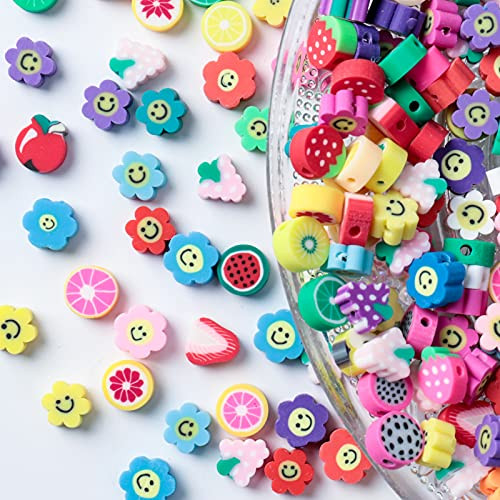 200pcs Mixed Fruit Spacer Beads Smiley Face Beads Color Polymer Clay Beads, for DIY Jewelry Bracelet Earring Necklace Craft Making Supplies