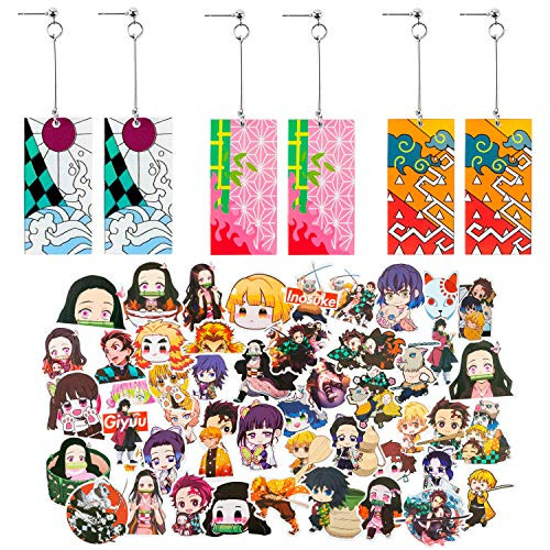 Eartim Demon Slayer Cosplay Earrings and Stickers Kit- 50 Pcs Demon Slayer Vinyl Waterproof Stickers  and  3 Pairs Acrylic Demon Slayer Earrings for Teens Birthday Gift Cosplay Party Decoration Supplies