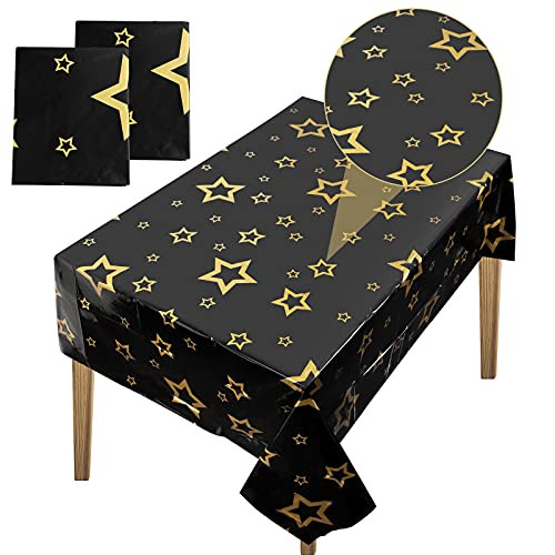 2 Pieces Disposable Black Plastic Tablecloth Star Tablecloth Black and Gold Tablecloth Plastic Party Table Cover Plastic Gold Star Tablecloth for Parties, Buffet Table, Holiday Dinner