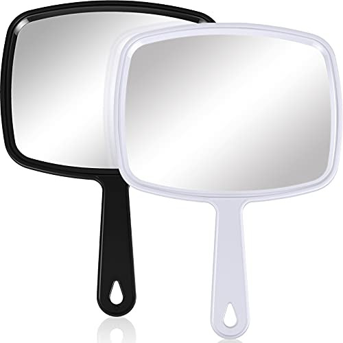 2 Pieces Hand Mirror Handheld Cosmetic Mirror Handheld Mirrors Set with Handle, Makeup Hand Mirror Hairdressers Paddle Mirror Portable Vanity Mirror for Travel, Home and Salon Use -Black, White-