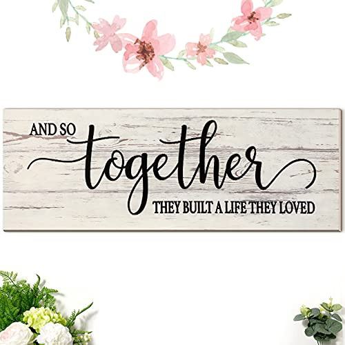 Together Wood Sign and So Together They Built a Life They Loved Wooden Wall Sign Rustic Hanging Wall Sign Farmhouse Wall Decoration for Home Wall Living Room Bedroom, 16.5 x 5.9 Inch -White-