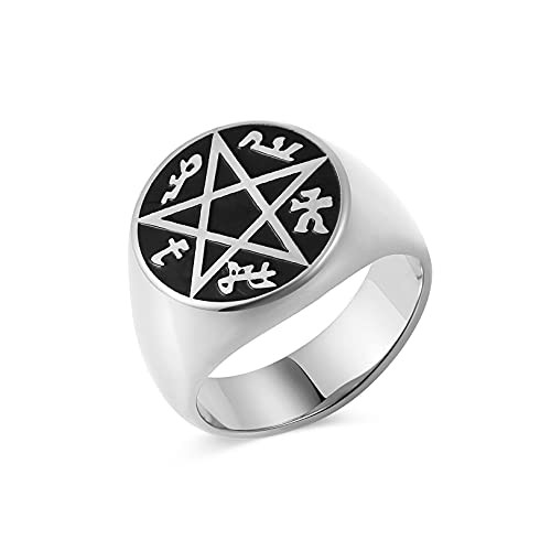 HZMAN Supernatural Devils Trap Symbol Sigil Stainless Steel Ring Pentagram Round Signet Vintage Rings -Silver,10-