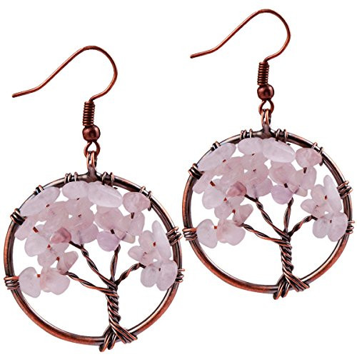 SUNYIK Rose Quartz Tree of Life Dangle Earrings for Women-Copper Plated-
