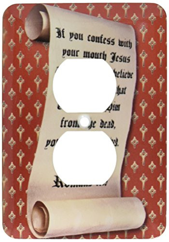 3dRose lsp_165732_6  Romans 10 Verse 9 on A Scroll and A Gold Heart Cross on Red Background 2 Plug Outlet Cover