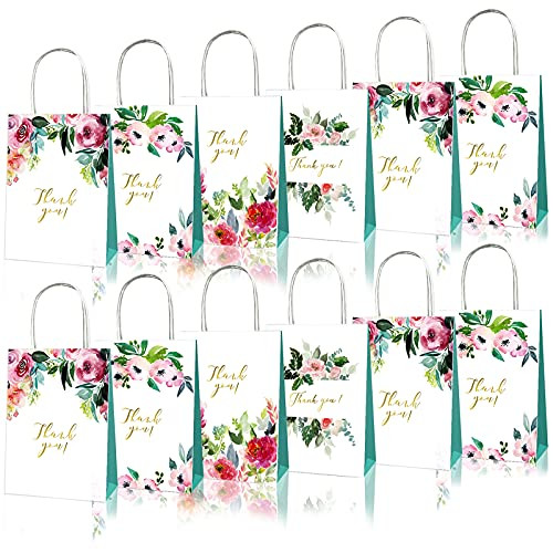 12Pcs Floral Design Thank You Bags Bulk, Small Thank You Party Bags with Handles, Paper Bags White Kraft Paper Bags Party Favor Bags for Wedding Birthday Baby Shower Event Party Favors, 6.3x8.7x3.1in