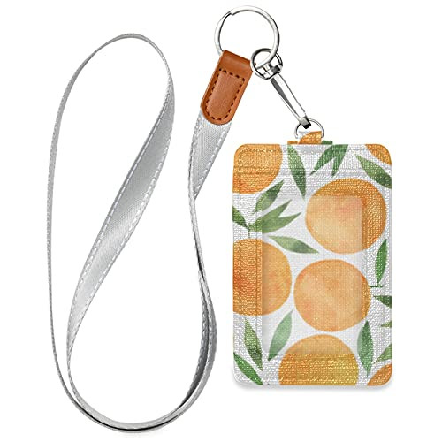 OTVEE Oranges Fruits Leaves Badge Holder, PU Leather ID Card Case Wallet with Neck Lanyard and Key Ring