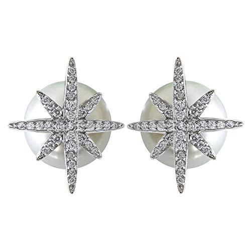Hiqmic 925 Sterling Silver Pearl Snowflake Star Zirconia Ear Stud Earrings White Gold Plated Fashion Jewelry Gift-WK90084